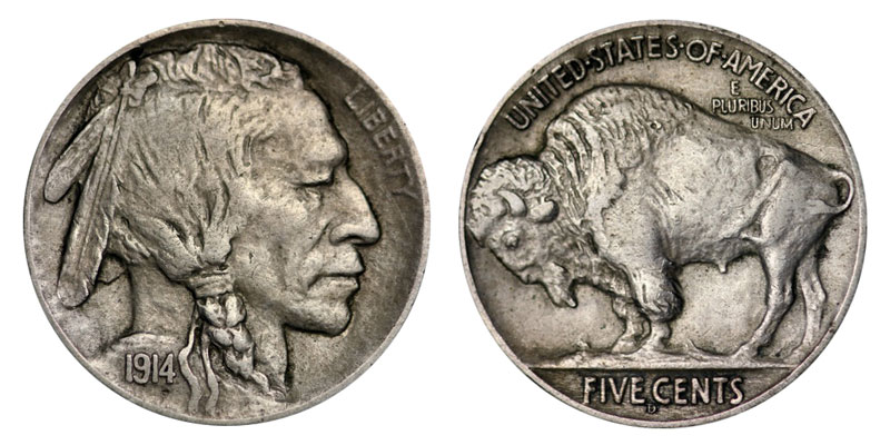 1914 Buffalo Nickel date comparison: regular 1914 vs 1914/3 Overdate showing the diagnostic remnant of the '3' beneath the '4'
