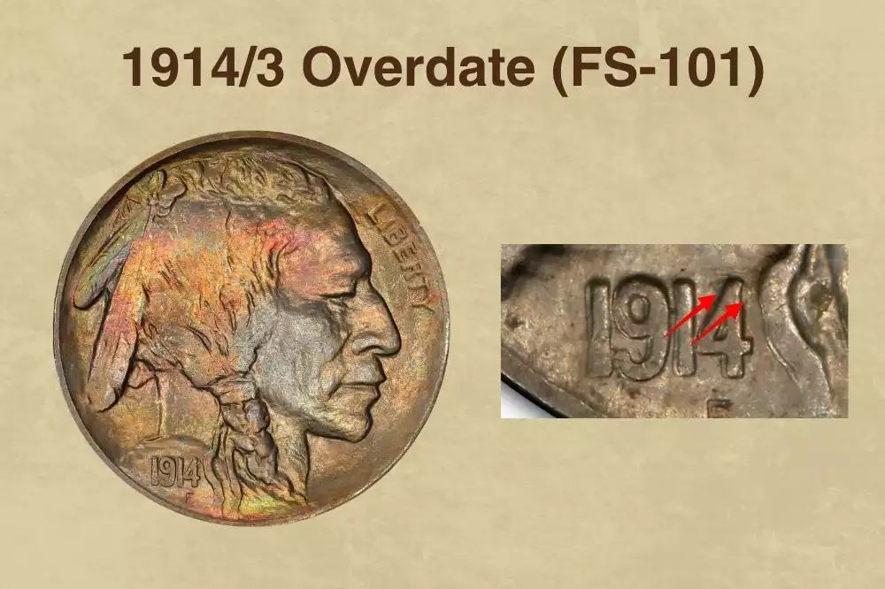 1914/3 Overdate Buffalo Nickel date area showing the remnant '3' beneath the '4' diagnostic feature
