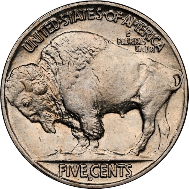1914-D Buffalo Nickel reverse showing the Denver mint mark below FIVE CENTS denomination