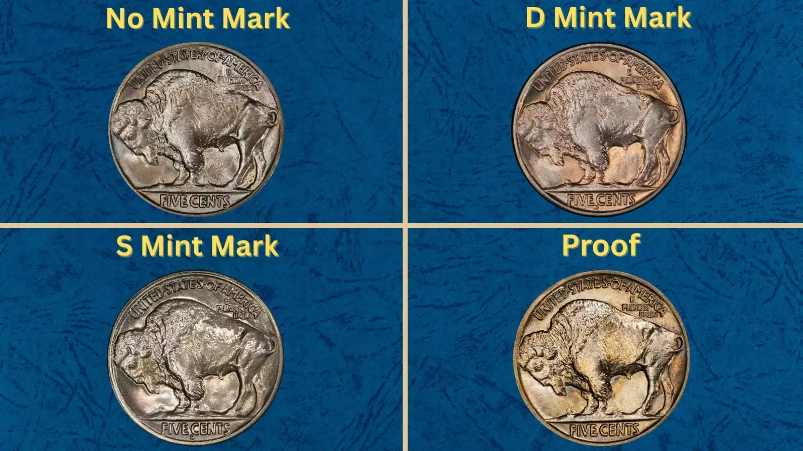 1914 Buffalo Nickel grading strip showing four condition tiers from Worn through Gem Mint State